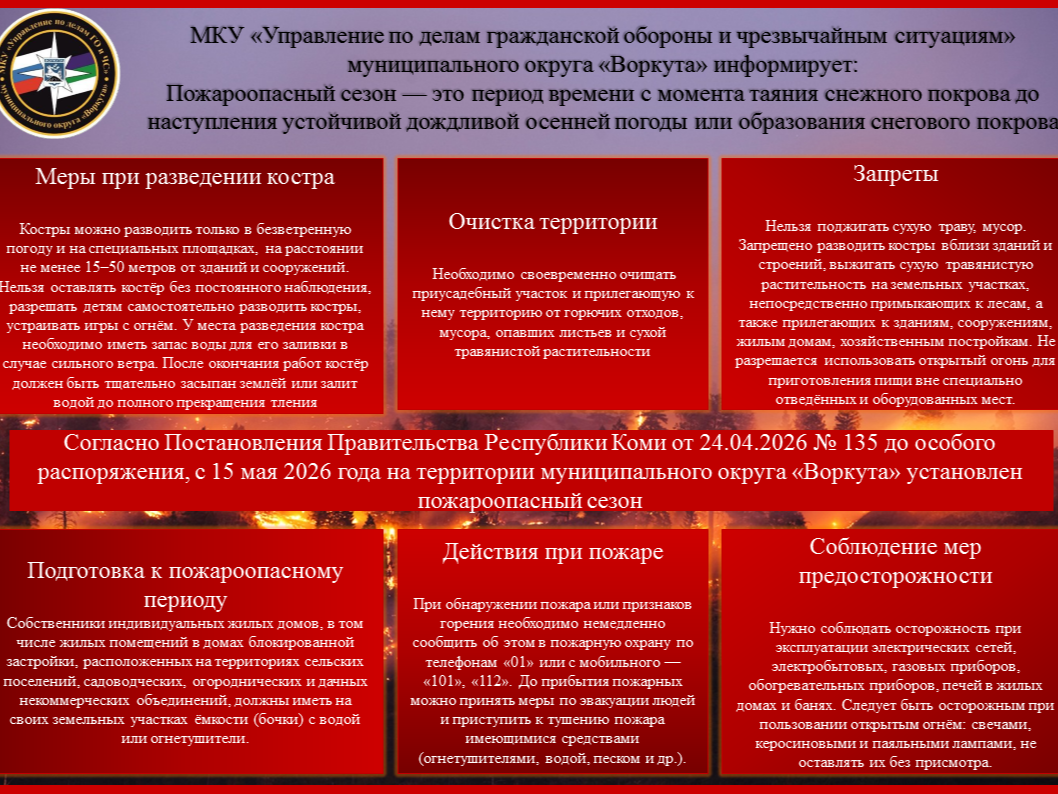 МКУ «Управление по делам ГО и ЧС» муниципального округа «Воркута» информирует: на территории города установлен пожароопасный сезон.